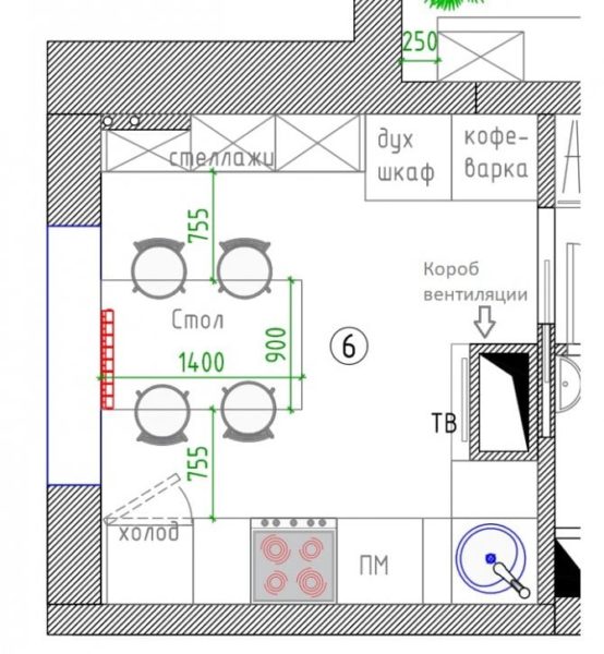 Дизайн кухни П-44 с воздуховодом - особенности оформления планировки