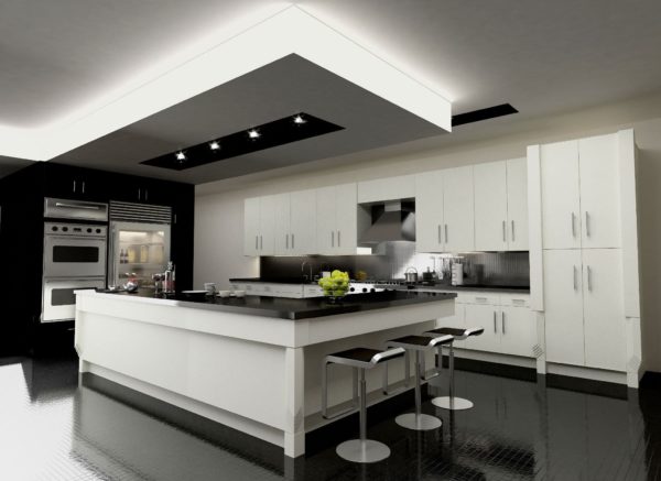 Белая кухня с темной столешницей и фартуком - варианты оформления